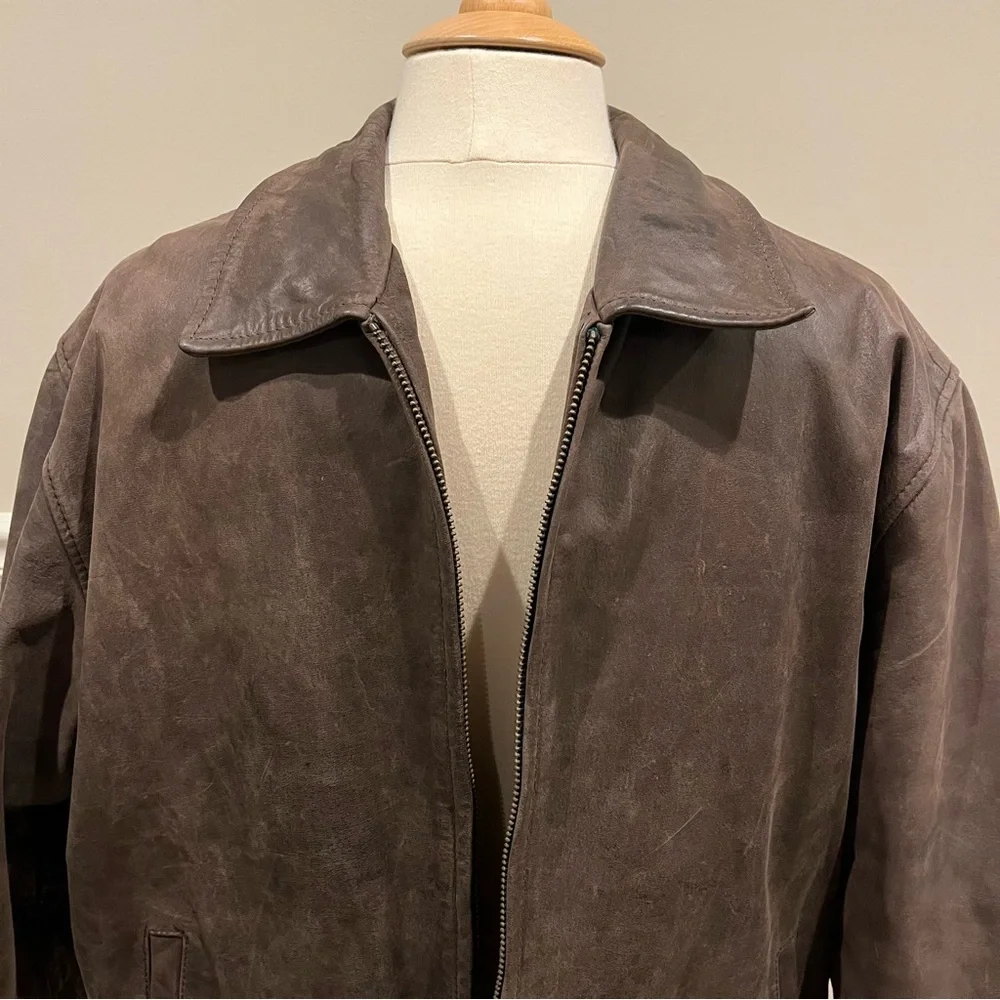 Chaps Men's Dark Brown Leather Bomber Jacket - Picture 2 of 9